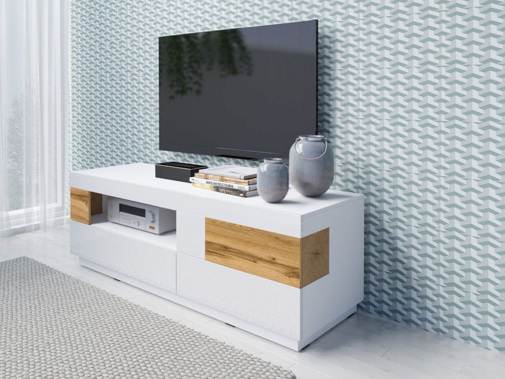 Veneti Jednoduchý televízny stolík SHADI, biely/dub wotan
